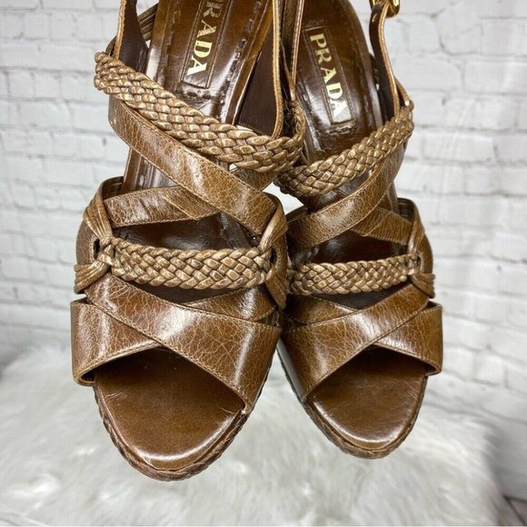 Prada Women's Brown Designer Braided Leather Strappy Luxury Heels IT 37.5 / US 7 - Picture 4 of 17